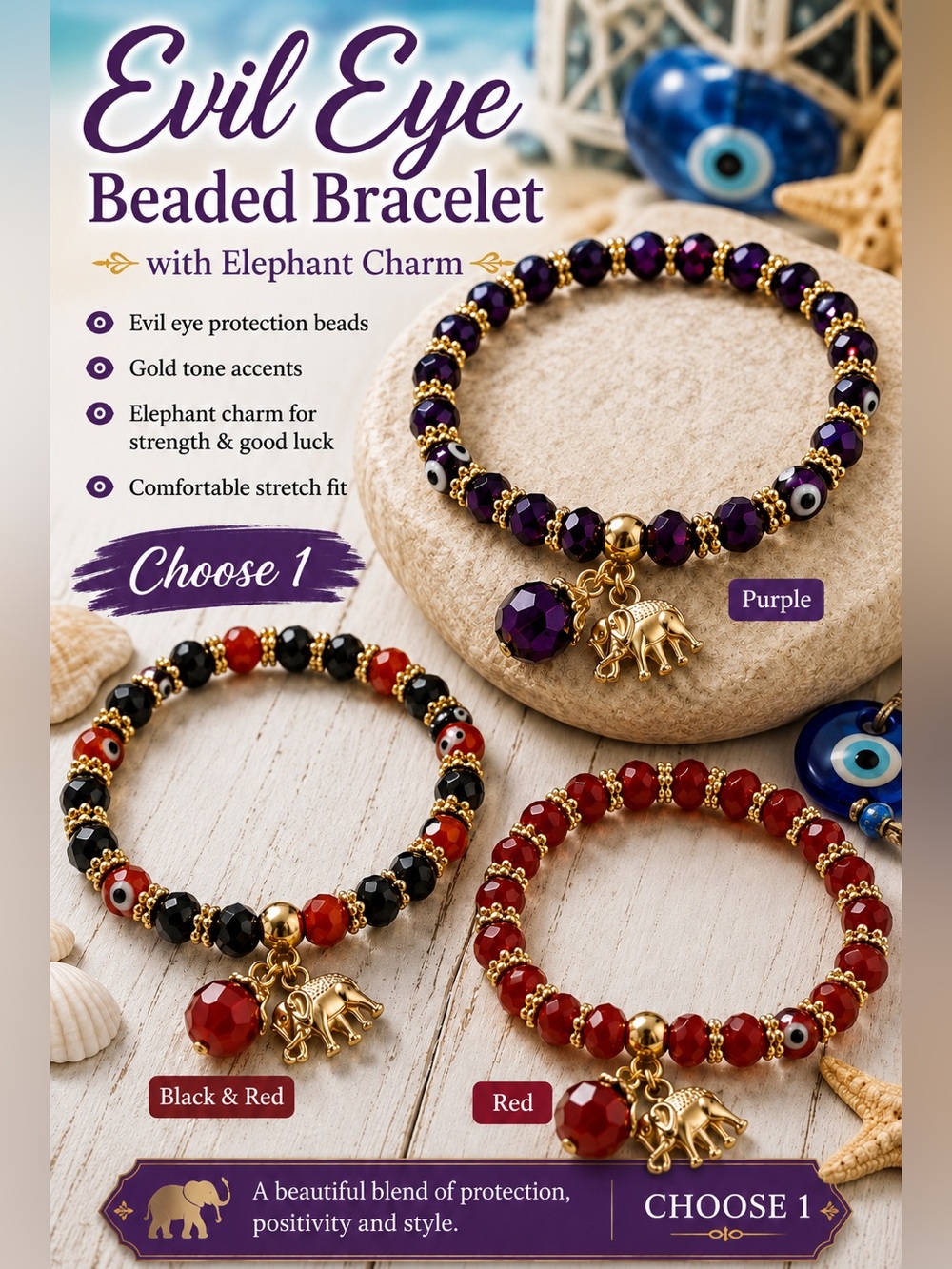 Evil Eye Bracelet w/ Gold Elephant Charm - Choose 1